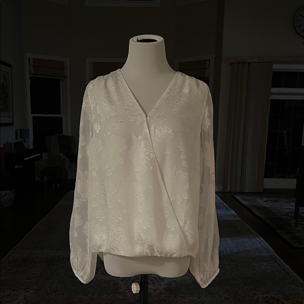 White House Black Market Cream Floral Jacquard Wrap Blouse